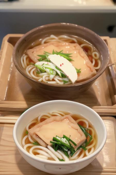 kitsuneudon, noodles, food, chopsticks, food focus, bowl, still life, realistic, blurry, table