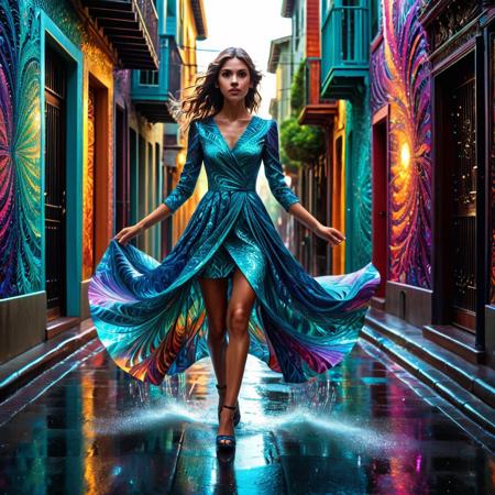 Fractangles, made out of fractangles, A portrait of a woman in her twenties, composed of fractal-like geometries—fractangles—her form wrapped in intricate, elegant attire that flows seamlessly into the ornate background. She moves through a narrow alleyway lit by swirling, kaleidoscopic lights, each step casting a shimmer onto the wet pavement. This image captures an intimate moment suspended between time and memory: the fleeting, magnetic allure of youth, reminiscent of high school summer breaks on rainy days, or spontaneous adventures through the vibrant, pulsing neighborhoods of Los Angeles. It’s a vision that speaks to the quiet drama and cinematic charm of being young, alive, and momentarily infinite., Masterpiece level quality, soft lighting, sharp focus, fine details, high quality, precise, high resolution, 4k, 8k,