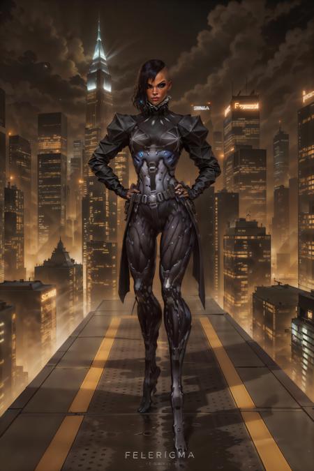 (masterpiece, best quality:1.2),  <lora:yelena_fedorova-20:0.7>, yelenaDX_soul3142,  black hair, undercut, standing, dark skin, hand on hip, cyborg, mechanical legs, night, building, city, cityscape, city lights, cyberpunk