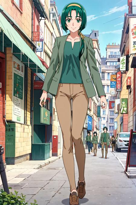 <lora:komachi_otonaassV13:0.7>, <lyco:GoodHands-beta2:0.6>, komachi_otona, green jacket, green shirt, brown pants, brown shoes, low ponytail, hair over shoulder, walking, full body, in down town in Paris, smile, solo