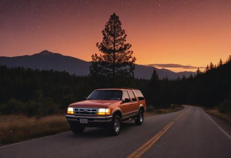 pick up truck, motor vehicle, no humans, tree, sky, outdoors, star \(sky\), road, scenery, night, vehicle focus, sunset, starry sky, orange sky, night sky, star \(symbol\), evening, gradient sky, twilight, nature, pine tree, forest, dusk, bush, mountain, cloud, grass, mountainous horizon, shadow, red sky, plant, (1996 Ford Explorer)