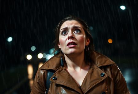 A photo of a woman with extremely large breast under heavy rain in a tunder storm, at night, scared, longcoat, wet