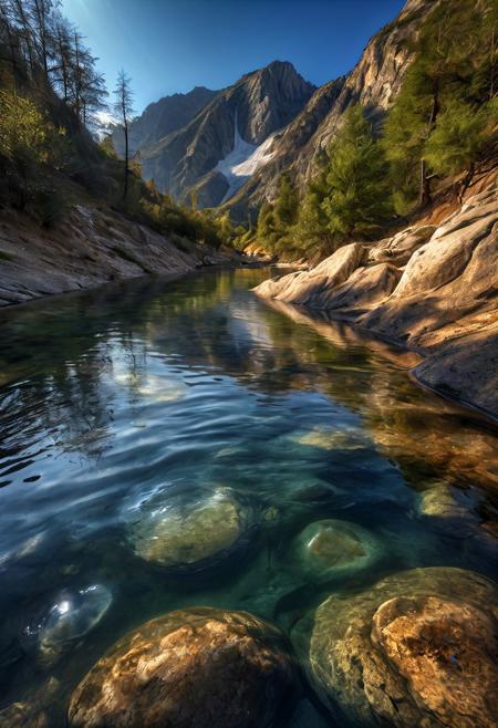 Raw photo of (see-through:1.2) water under mountain, hdr, perfect, epic quality, shadows under light, reflection, ripple, by canon, professional photo, by nature geographic, photoshop curves