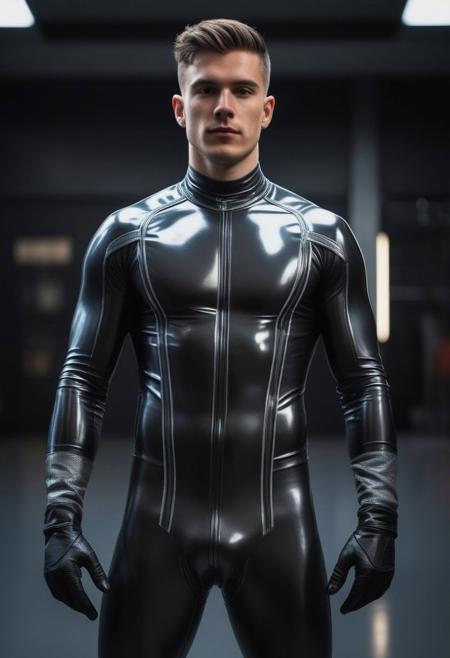 a strong 24-year-old british male, with top crop hair, glazed face, hypnotized expression, wearing a skin tight latex jockstrap over his latex suit, wearing a skin tight black latex cybernetic suit with dark-gray and silver latex details, standing at attention posture,  inside a modern university, looking to the camera, detailed face, Cinematic, Photoshoot, Shot on 25mm lens, Depth of Field, Tilt Blur, Shutter Speed 1/1000, F/22, White Balance, 32k, Super-Resolution, Pro Photo RGB, Half rear Lighting, Backlight, Dramatic Lighting, Incandescent, Soft Lighting, Volumetric, Conte-Jour, Global Illumination, Screen Space Global Illumination, Scattering, Shadows, Rough, Shimmering, Lumen Reflections, Screen Space Reflections, Diffraction Grading, Chromatic Aberration, GB Displacement, Scan Lines, Ambient Occlusion, Anti-Aliasing, FKAA, TXAA, RTX, SSAO, OpenGL-Shader s, Post Processing, Post-Production, Cell Shading, Tone Mapping, CGI, VFX, SFX, insanely detailed and intricate, hyper maximalist, elegant, dynamic pose, photography, volumetric, ultra-detailed, intricate details, super detailed, ambient