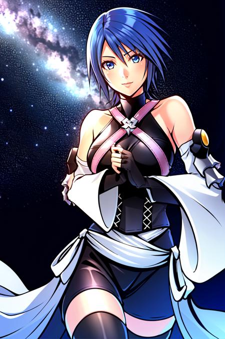 aqua \(kingdom hearts\), 1girl, absurdres, nomura tetsuya, close up, masterpiece, blue eyes, blue hair, breasts, chest strap, elbow gloves, gloves, highres, (skirt), (kingdom hearts), looking at viewer, gaping mouth, solo, night, starry sky,  wide sleeves, medium breasts, detatched sleeves, black shorts , fingerless gloves, dark background,  (thighhighs), darkness

<lora:aqua:0.60> <lora:nomura_tetsuya:0.4>