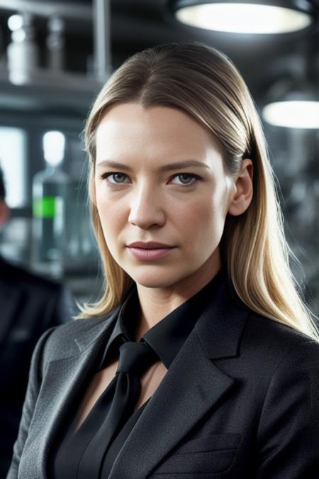 AnnaTorv, as a detective , modelshoot style, (extremely detailed CG unity 8k wallpaper), Intricate, High Detail, Sharp focus, dramatic,photorealistic painting art by midjourney and greg rutkowski ,  ((in a futuristic chemists lab)), ((wearing a black suit)), ((paparazzi in the background)), (looking at viewer), (detailed pupils:1.2), dimly lit,  <lora:AnnaTorv:0.7>