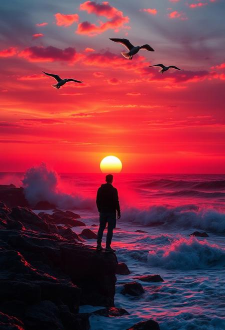 This scene dramatically depicts a rocky shore line at sunset, with crashing waves and a sky ablaze with color. The sun hovers just above the water, its rays refracting through the mist to create a kaleidoscope of reds and oranges. Seabirds soar overhead, their wings catching the light as they glide across the crimson sky. In the foreground, a lone human figure, gazing at the enchanting horizon, their silhouette framed by the fiery sunset.