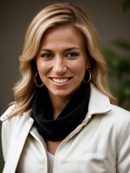 Realistic photo of a beautiful d3bb13g woman,1girl,solo,long hair,looking at viewer,smile,blonde hair,brown eyes,jewelry,jacket,upper body,white hair,earrings,teeth,scarf,grin,blurry,black jacket,realistic,leather,old,leather jacket, soft lighting, professional Photography, Photorealistic, detailed, RAW, analog, sharp focus, 8k, HD, high quality, masterpiece<lora:d3bb13g:1.0>