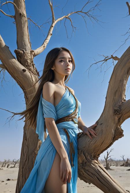 UHD, 4k, ultra detailed, cinematic, a photograph of 1girl,long hair,cinematic_lighting,sidelight,<lora:huyang_XL_0_:0.6>,huyang,the dead tree in the background,blue sky,blue sky,egyptian_clothes,, epic, beautiful lighting, inpsiring