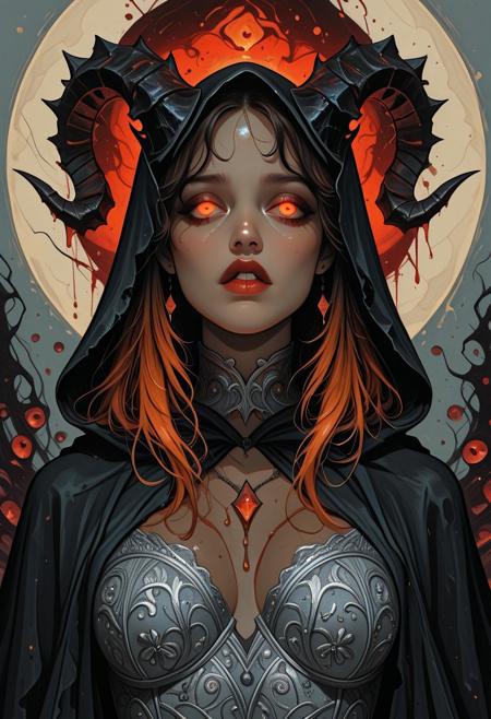 ((highly detailed oil painting:1.3) (inspired by ((Rembrandt:1.3) (dramatic realism:1.3)) and ((Francis Bacon:1.3) (surreal horror:1.3)))) This is a digital painting in a dark, fantasy art style. A woman with fair skin and long, auburn hair wears a deep blue hooded cloak with silver embroidery. Her fearful yet resigned gaze meets a towering demonic figure. His dark maroon skin, glowing amber eyes, and twisted, jagged horns create an ominous presence. He wears a tattered black cloak with crimson highlights. His elongated left hand cradles her head, while his right is raised in a tense gesture. Their lips meet in a haunting kiss, blending fear and fascination. The dramatic lighting casts deep shadows, enhancing textures—his dark skin, her cloak’s rich folds, and the glistening silver embroidery catching dim light. The muted, misty background swirls with smoky tendrils, reinforcing the surreal horror and romantic intensity.