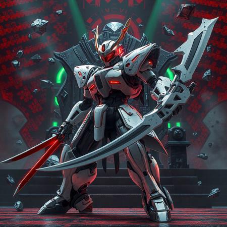 "A futuristic Superheavy Samurai Magnet robot in a dynamic battle stance, white-and-gray armored body with glossy metallic textures, dual katanas (large on right arm, smaller on left), and a crimson visor glowing with energy. Against a Nightmare Throne backdrop of red-black checkered patterns and floating geometric debris, evoking a surreal cyberpunk arena. Stylized with sharp mecha design, Octane Render gloss, and Unreal Engine 5 realism. Hyper-detailed surfaces: scratched armor, neon circuit lines, and plasma energy radiating from blades. Cinematic lighting—dramatic shadows and volumetric beams—accentuates the samurai’s poised stance and the throne’s ominous depth. Color palette: monochrome steel with red accents, juxtaposed against acidic green glows in the background. Influenced by Ghost in the Shell mecha aesthetics and Katsuhiro Otomo’s industrial art. Trending on ArtStation, 8K HDR, golden ratio framing, Dutch angle composition. Matte painting layers blend 3D CGI and traditional ink splatter effects for raw intensity.