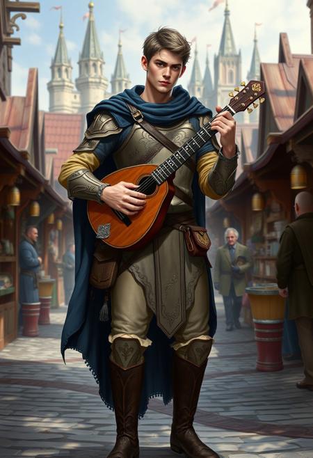 “Design a tall, thin, and attractive human male in his early 20s, playing the lute. He is a level 3 Bard in a Dungeons & Dragons fantasy setting. Dressed in light leather armor with intricate patterns, a flowing dark-blue cloak, and a satchel filled with parchment and musical notes at his side, he stands in a vibrant, medieval marketplace. His lute is finely crafted with decorative inlays, and he strums it confidently, enchanting the onlookers around him. The background features cobblestone streets, wooden stalls, and distant towering spires. The atmosphere feels alive with magic and music.”