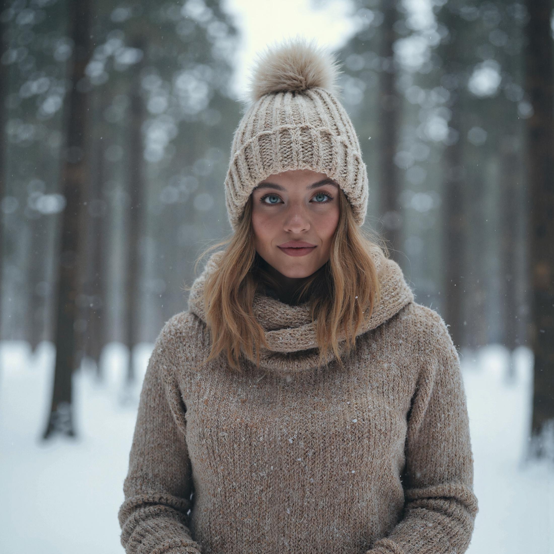 A close-up photograph of sw33ny standing in a cold, snowy forest, capturing the serene and wintery atmosphere. She is dressed warmly, wearing a tight, form-fitting sweater that hugs her figure, providing both warmth and style. The sweater could be a soft, knitted material in a neutral or earthy color, complementing the natural winter surroundings.

She is also wearing a cozy bobble hat that adds a touch of playfulness and warmth to her outfit. The hat is snug, with a fluffy pom-pom on top, and is possibly knitted in a complementary color to her sweater. Her hair peeks out from under the hat, either in soft waves or neatly tucked inside.

The background features a dense forest blanketed in snow, with tall trees standing silent and still, their branches heavy with fresh snow. The cold air is visible, adding a crisp, frosty texture to the scene. The soft, diffused light of a cloudy winter day illuminates the scene, creating a gentle, even glow that highlights her  features.

Her expression is calm and peaceful, with a slight smile or a serene look, reflecting the tranquility of the snowy environment. The close-up composition focuses on her face and upper body, allowing the details of her cozy winter outfit and the snowy backdrop to be clearly visible.

The overall mood of the photograph is serene, cozy, and wintery, capturing sw33ny in a moment of quiet beauty amidst a snowy forest. The combination of her warm, stylish outfit and the cold, crisp setting creates a visually pleasing and atmospheric image.