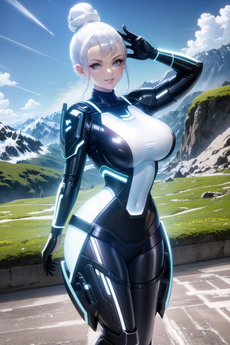 tronwear, white bodysuit, single hair bun, (mountain:1.2), outdoors, grass, gigantic breasts, smile, looking at viewer, wide hips, <lora:tron:0.6>, <lora:Leirix2-10:0.6>