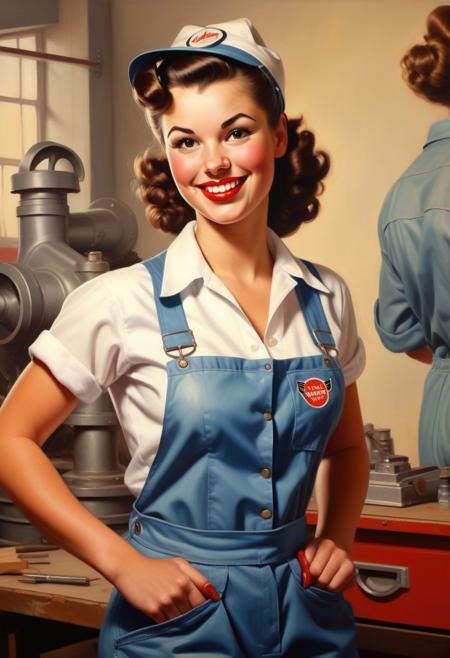 Oil painting of a Pin-up girl, Worker girl assembly, stands half-turned to the viewer,see to camera,smiling , wearing dressed in worcker overalls , assembly shop ,close up. vintage colors, 1950's, american culture, Andrew Lumis