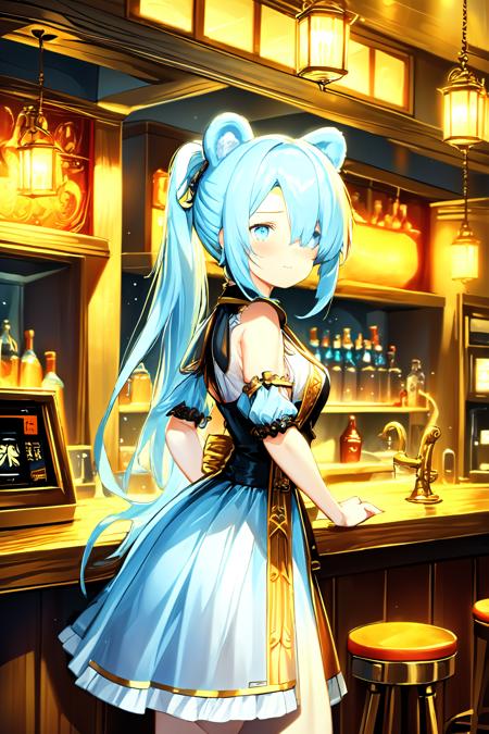 1girl, bear ears, gas station, ponytail, antenna hair, light blue hair, (no eyes:1.3401),, dress, :<>, fantasy tavern, medieval tavern, indoors, bar, tavern, standing on one foot, exceptional, best quality
BREAK
(exceptional, best aesthetic, new, newest, best quality, masterpiece, extremely detailed, anime, waifu:1.2)