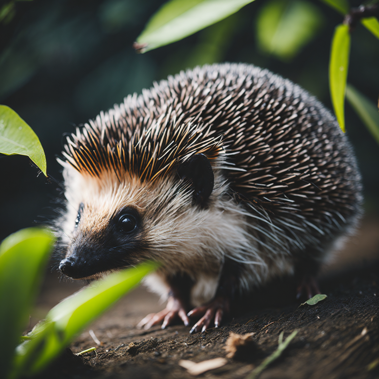 Hedgehog in Palm forest Comforting atmosphere Sunlight lighting