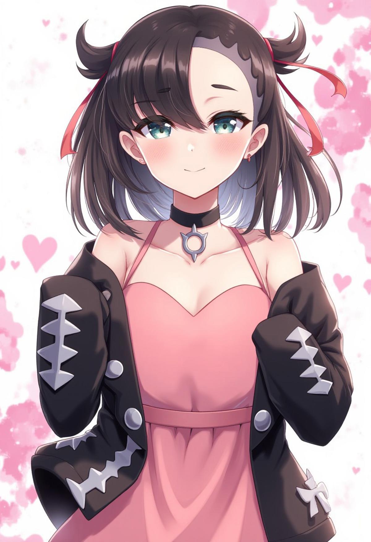 zzMarnie, black jacket, pink dress, hair down, black choker, looking at viewer, cleavage, collarbone, upper body, closed mouth, open jacket, off shoulder, head tilt, blush, hearts, abstract background, 
smile, looking at viewer,