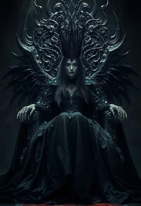 Beautiful full-length queen of darkness sitting on a throne, mystic, dark fantasy, realistic photo, high detail, digital painting, cinematic, stunning, hyper-realistic, sharp focus, high resolution 8k, insanely detailed