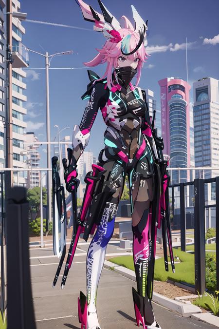 sakura neon, 1girl, solo, weapon, sword, katana, armor, holding weapon, cityscape,tokyo \(city\), full body, holding sword, holding<lora:sakura_neon:1>