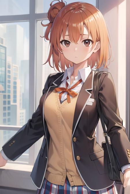 yuiyuigahama, <lora:yuiyuigahama:1>, yuigahama yui, short hair, (brown eyes:1.5), (orange hair:1.2), hair bun, single hair bun, 
BREAK skirt, shirt, ribbon, school uniform, jacket, white shirt, black jacket, blazer, sobu high school uniform, 
BREAK indoors, school, 
BREAK looking at viewer, 
BREAK <lyco:GoodHands-beta2:1>, (masterpiece:1.2), best quality, high resolution, unity 8k wallpaper, (illustration:0.8), (beautiful detailed eyes:1.6), extremely detailed face, perfect lighting, extremely detailed CG, (perfect hands, perfect anatomy),