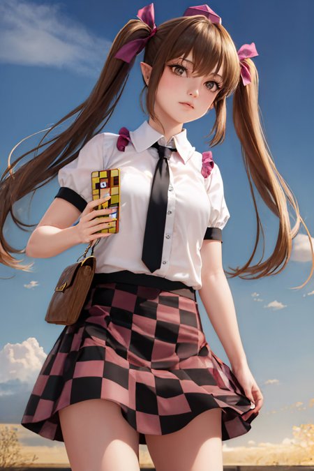 himekaidou hatate pointy ears twintails tokin hat brown eyes checkered clothes shirt necktie puffy short sleeves purple skirt checkered skirt