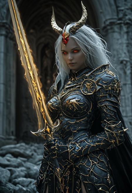 A captivating succubus paladin stands in a battle-ready stance in the ruins of a broken cathedral, creating a dramatic scene. She has long silver hair and glowing red eyes, with black demonic wings spread wide, and golden horns on her head. Her dark gothic armor is detailed with intricate designs, combining both holy and demonic elements, giving her a unique and contradictory appearance.
Her armor shines with gold accents, and she wields a large sword in one hand and a shield in the other. Glowing runes and tattoos are visible on her exposed skin, adding to her supernatural aura. She exudes confidence and power, with a seductive smile on her lips, looking directly at the viewer.
The scene is set at night, under the light of a full moon, casting a divine glow around her. Holy light emanates from a halo above her head, creating a stark contrast with the dark shadows that surround her. The dramatic lighting highlights her menacing yet alluring presence, making her appear both holy and evil at the same time.
The camera captures her from a side view, emphasizing her strong and enchanting pose, with the ruins and stone structures in the background adding to the mystical atmosphere. The scene is highly detailed, with high contrast between light and shadow, creating an epic and mesmerizing visual