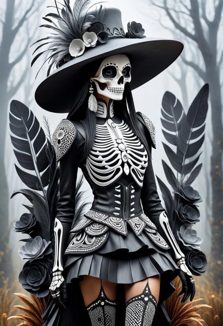 funny smiling skeleton in leather mini skirt and tights and black high heels and an elegant hat made of flowers, made-of-clay, detailed, realistic surreal geometric light structures, misty ethereal atmosphere, soft interplay of shadow and light, timeless wilderness with abstract modern infusion, 3D art, minimalist, ink drawing, graphite texture, rough cotton paper, monochrome, tribal portrait, detailed beadwork, feathers, face paint, subtle elegance, organic lines, cultural elements, textured surface, understated beauty, refined, traditional adornment, artistic realism, timeless composition