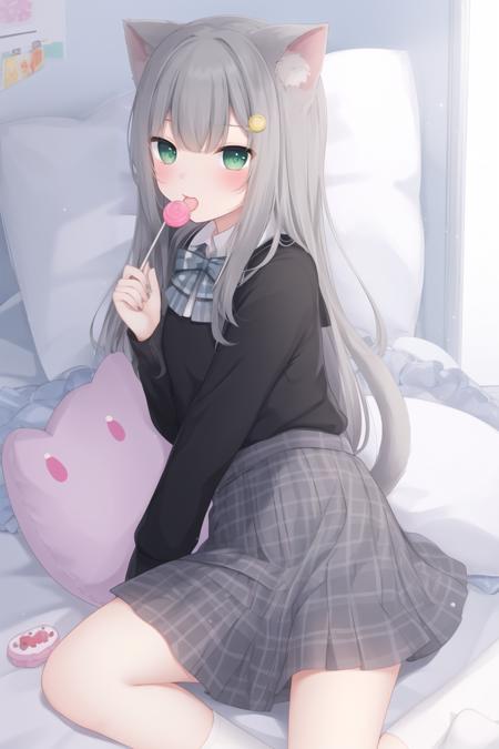 nachonekos, 1girl, solo, animal ears, skirt, long hair, food, tail, cat tail, black shirt, cat ears, shirt, candy, holding food, lying, plaid, short sleeves, plaid skirt, pleated skirt, very long hair, lollipop, holding, looking at viewer, on side, bow, bangs,green eyes, grey hair, holding candy, cat girl, holding lollipop, white bow, pillow, bed sheet, stuffed toy, blush, black socks, grey skirt, bowtie, tongue out, black skirt, socks