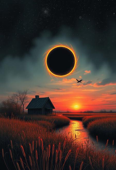 Black Sun eclipse celestial dramatic event, tiny house by the swampy river, wild grass Thistles, by c215 and Arthur rackham and Paul barson and Paul Lovering, masterpiece, color print art, red sunrise, vibrant, crow