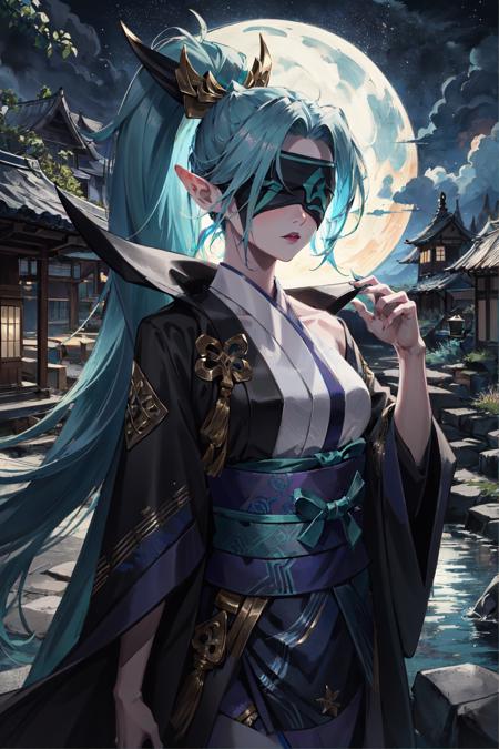 spirit blossom vayne, 1girl, blindfold, kimono, hair ornament, detailed face, looking at viewer, upper body, cowboy shot, village, stone lantern, night, (masterpiece:1.2, best quality)