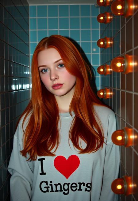 a cute 23 y/o Ukrainian woman with long red hair,  in a small tiled room, dimly lit, teal theme, reflection in the tiled wall. amber lights rtx.
text on her shirt that says " I ❤ Gingers"