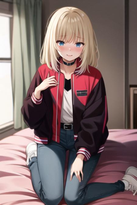 masterpiece, best quality, ultra-detailed, ray tracing, perfect lighting, (shiny skin:1.2),<lora:Kawai_rika:1> Kawaii_R ,1girl,solo, blue eyes, blonde hair, multicolored hair, streaked hair, black shirt, red  jacket, letterman jacket, open jacket,choker, shoes, pants, belt, denim, jeans, black footwear, black belt, smile, shirt lift, small breasts, (embarrassed), indoors, bedroom, wariza, day, bed, window,