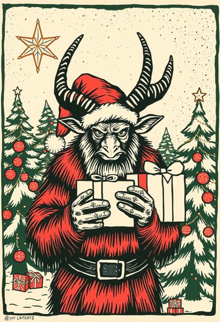 Woodblock print of Krampus wearing a Santa hat and holding Christmas present in front of decorated Christmas trees. Looking at viewer. woodcut. linocut. no text. red, green colours