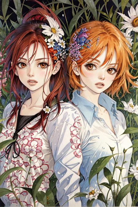 Fashion Manga Style, long hair, looking at viewer, short hair, multiple girls, blonde hair, shirt, hair ornament, 2girls, brown eyes, upper body, flower, red hair, parted lips, hair flower, orange hair, lips, traditional media, grass, 