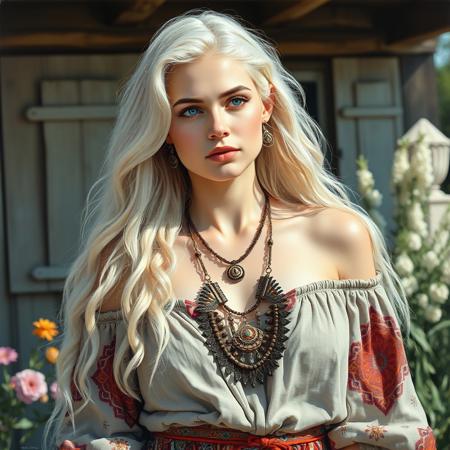 A meticulously detailed, hyper-realistic oil painting featuring a captivating boho woman with striking blue eyes and very very long, wavy, luxurious platinum blonde hair. Her fair complexion is unblemished, and her contemplative expression captures a moment of deep thought. She wears an off-shoulder linen dress in an eclectic mix of traditional attire. The richly patterned maxi skirt, flowing blouse, and layered necklaces with intricate designs create a tapestry of bold colors and patterns,, its deep neckline drawing attention to her elegant necklace and an array of boho jewelry. Luxurious french cabin with flowers in the background. Sunny summer day. Shadows are carefully rendered to create depth, and the cool tones add contrast to the warm lighting. (((ENORMOUS Natural breasts))). Pale white skin. (((Full body pic))). Young woman. Cute face. Sweet face. Innocent face.