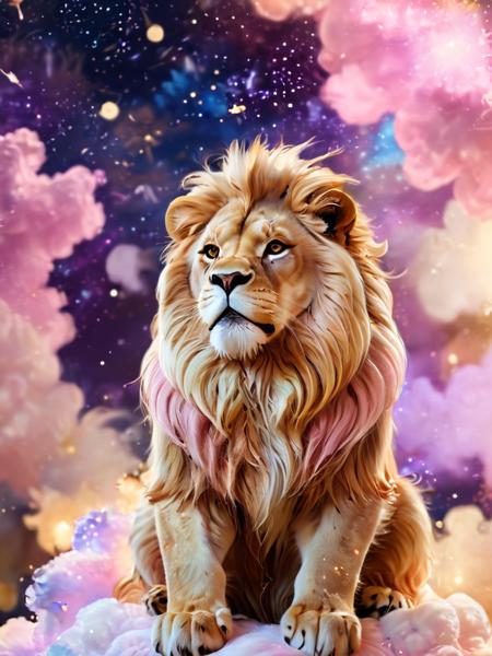 A kawaii style anime illustration of a dignified lion with a flowing, pastel mane, sitting majestically on a cloud, surrounded by stars, regal and whimsical ambiance, soft, dreamy colors
