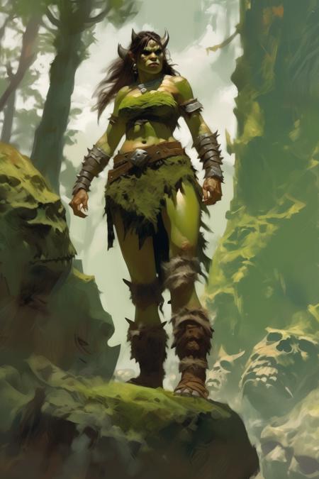 <lora:Craig Mullins Style:1>Craig Mullins Style - Craig Mullins, Pathfinder art. An orcish woman. Female barbarian. Green skin, tusks. Standing on a hill in a forest. Muscular, powerful shoulders, bulky, strong. Full body, trees and rocks. Defeated enemy at her feet.