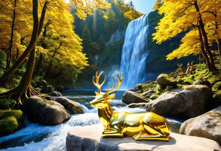 vibrant colors, shiny_skin, prefect lighting, detailed image, snoozing, masterpiece, best quality, highly detailed, ultra quality, 
cstatuesdxl, 
Landscape, forest, tree, waterfall, mountain, river, a stone statue of deer, white and gold, Standing,
day, sun, blue sky, 
<lora:add-detail-xl:0.9>,