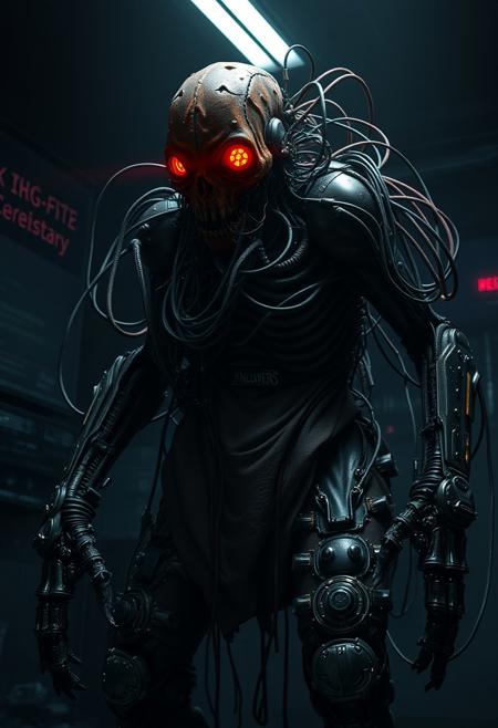 A terrifying biopunk creature, cybernetic body horror, dark room, screen glow, cables and wires, fat Fleshy undead beast