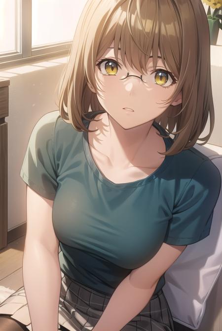 aokiyuriko, <lora:aokiyuriko-lora-nochekaiser:1>, 
aoki yuriko, short hair, brown hair, bangs, (yellow eyes:1.5), glasses,
BREAK skirt, shirt, short sleeves, pantyhose, black pantyhose, frills,
BREAK looking at viewer, 
BREAK indoors,
BREAK <lyco:GoodHands-beta2:1>, (masterpiece:1.2), best quality, high resolution, unity 8k wallpaper, (illustration:0.8), (beautiful detailed eyes:1.6), extremely detailed face, perfect lighting, extremely detailed CG, (perfect hands, perfect anatomy),