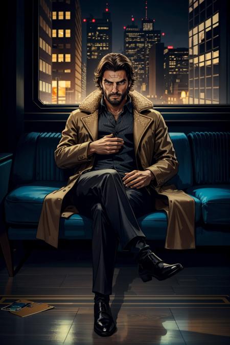 <lora:bigby-07a:0.5>, bigbyTWAS_soul3142, solo, sitting, beard, coat, detective noir,