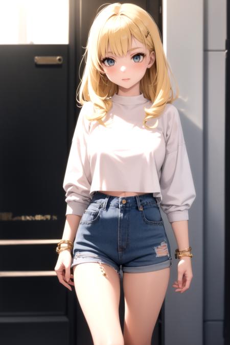 <lora:denim_shorts_v0.2:1>
1girl, high-waist shorts, sweater, oversized clothes, cutoffs, blonde hair, short shorts,, masterpiece, best quality, highly detailed