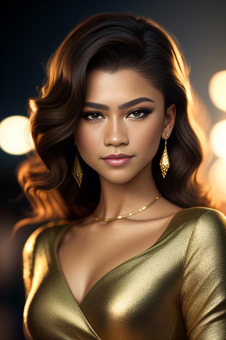 Masterpiece Zendaya  high quality, 4K, beautiful design, shiny, from the front, award winning photo, extremely detailed, amazing, fine detail, absurdres, highly detailed , extremely detailed eyes and face, by lee jeffries nikon d850 film stock photograph 4 kodak portra 400 camera f1.6 lens rich colors hyper realistic lifelike texture dramatic lighting unrealengine trending on artstation cinestill 800 tungsten, 1girl, solo, expressive look, (smiling seductively,puffy lips,) HDR, highest quality, sexy dress, sharp focus, looking at viewer, facing viewer, 4k,emerald green eyes beautifully detailed,a woman in a (((red and gold))) dress standing on a stage  <lora:Zenday4:0.9>