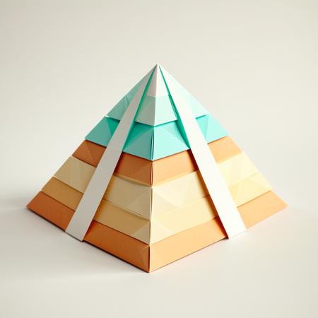 3D, low-poly style, polygonal art, origami texture, papercraft look, minimalism art, ancient paper temple, pyramid made of folded paper, soft pastel colors, white and beige tones, centered composition, polygon mesh, jagged edges, flat shaded, polygon style, blocky design, CG render, aesthetically pleasing, paper modeling, wireframe edges, hard edges, paper grain texture, craft paper look, clean background, no background elements