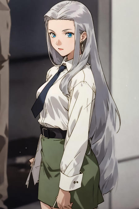 ,yayoi_schwael, blue eyes, grey hair, long hair,, earrings, 1girl, solo, cowboy shot,, earrings, 1girl, solo, military uniform, necktie, white_collared_shirt, long_sleeves, brown stockings, black belt, green_pencil_skirt, cowboy shot,