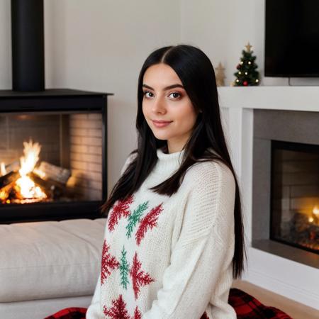 <lora:juliaaburch_sd15_512_128_64_v1:1> juliaaburch, 1girl, black long hair, wearing a christmas sweater, christmas decoration in background, lit fireplace in background