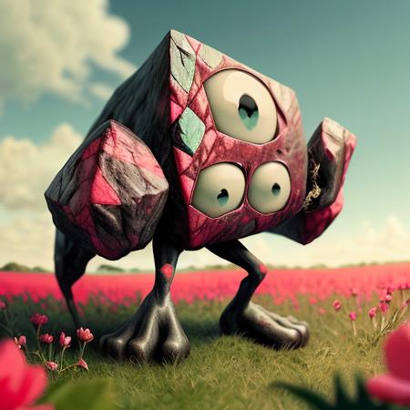 a r0ckh3lp3r, made of Rhodochrosite _, colored eyes, high detail, high quality <lora:rockhelperV4-000030:1> in a field with flowers