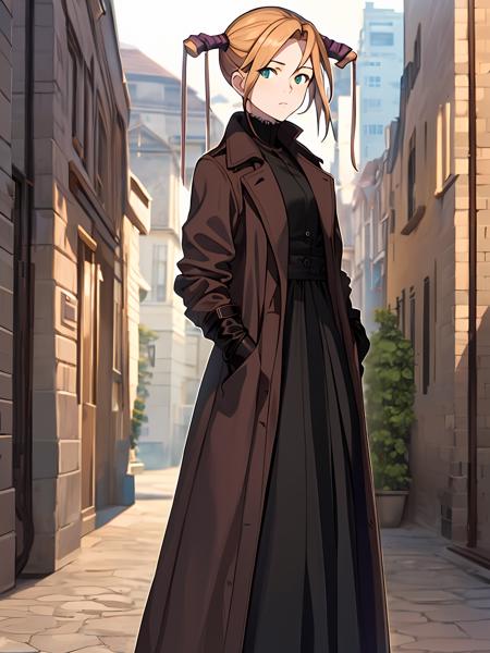 (exceptional, best aesthetic, new, newest, best quality, masterpiece, extremely detailed), 1girl, solo, looking_at_viewer, robinsena, twintails, cityscape, black_dress, trench_coat, gloves, hands_in_pockets