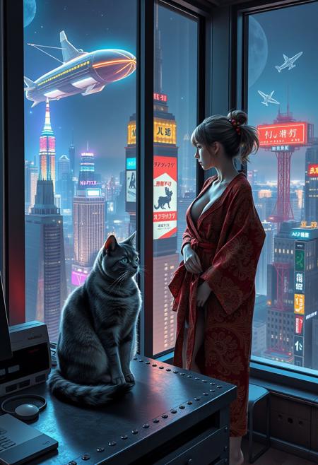 Grey tabby cat with green blue eyes sits on a cluttered metal riveted desk next to a maneki neko statue and a small Nintendo , the cat is looking out to a floor to ceiling window that looks out over a futuristic cyberpunk New York skyline with skyscrapers, holographic advertisements, futuristic airships covered with lights and advertisements in Japanese, a space elevator, (((a tall thin beautiful young woman, 22 years old, is standing next to the cat looking out at the city through the window))), The woman is dressed in an ornate Japanese style bath robe, exposing some cleavage and her lower legs.  The woman's hair is messy from just waking up and tied up with a ribbon. Artistic cyberpunk, dynamic perspective, a translucent neon projection of a strip club bar advertisement displaying a partially dressed woman is visible on a nearby building, neon and led lighting in the apartment, military futuristic space ship visible in the distance,